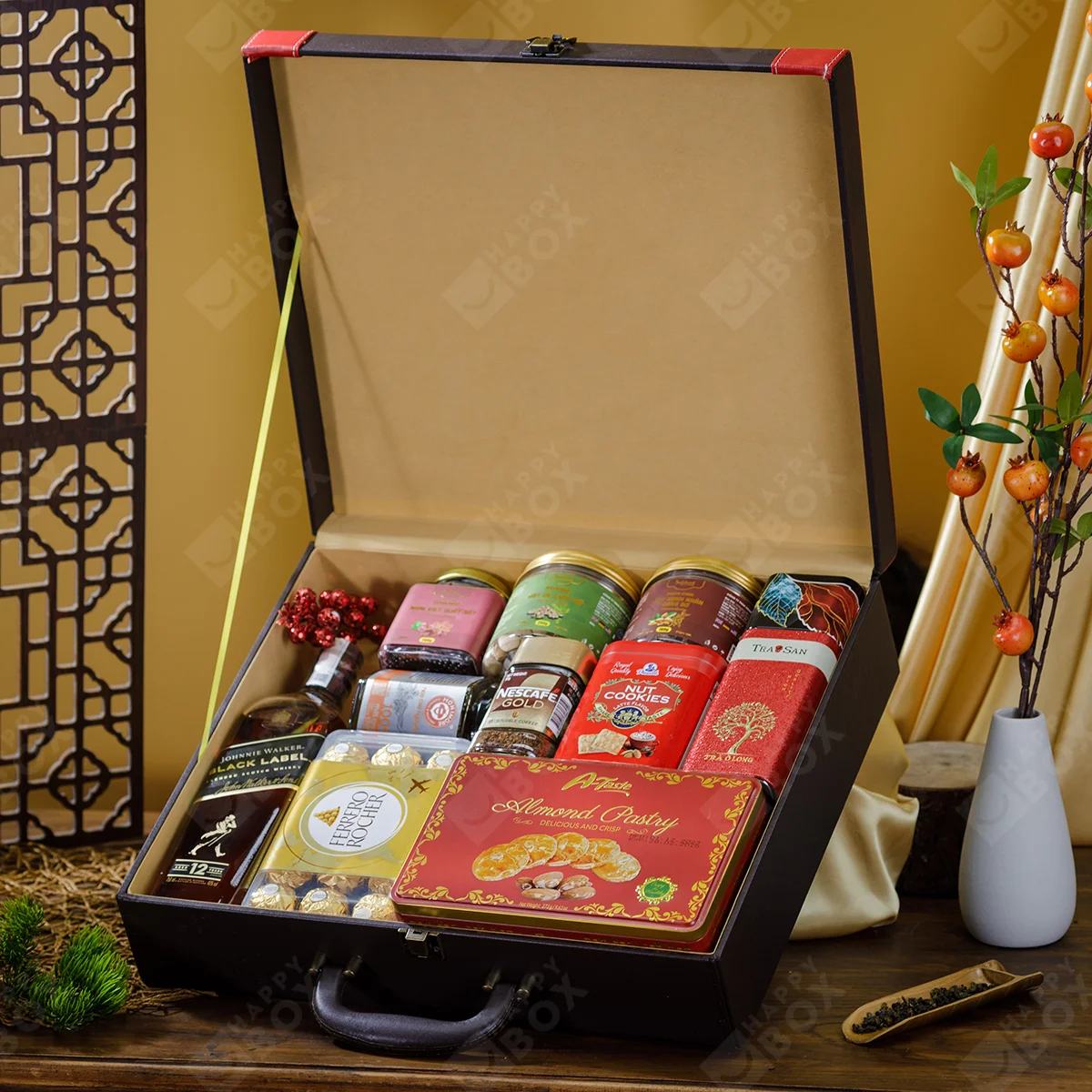 Hộp quà Tết vali gỗ bọc da cao cấp HPH275